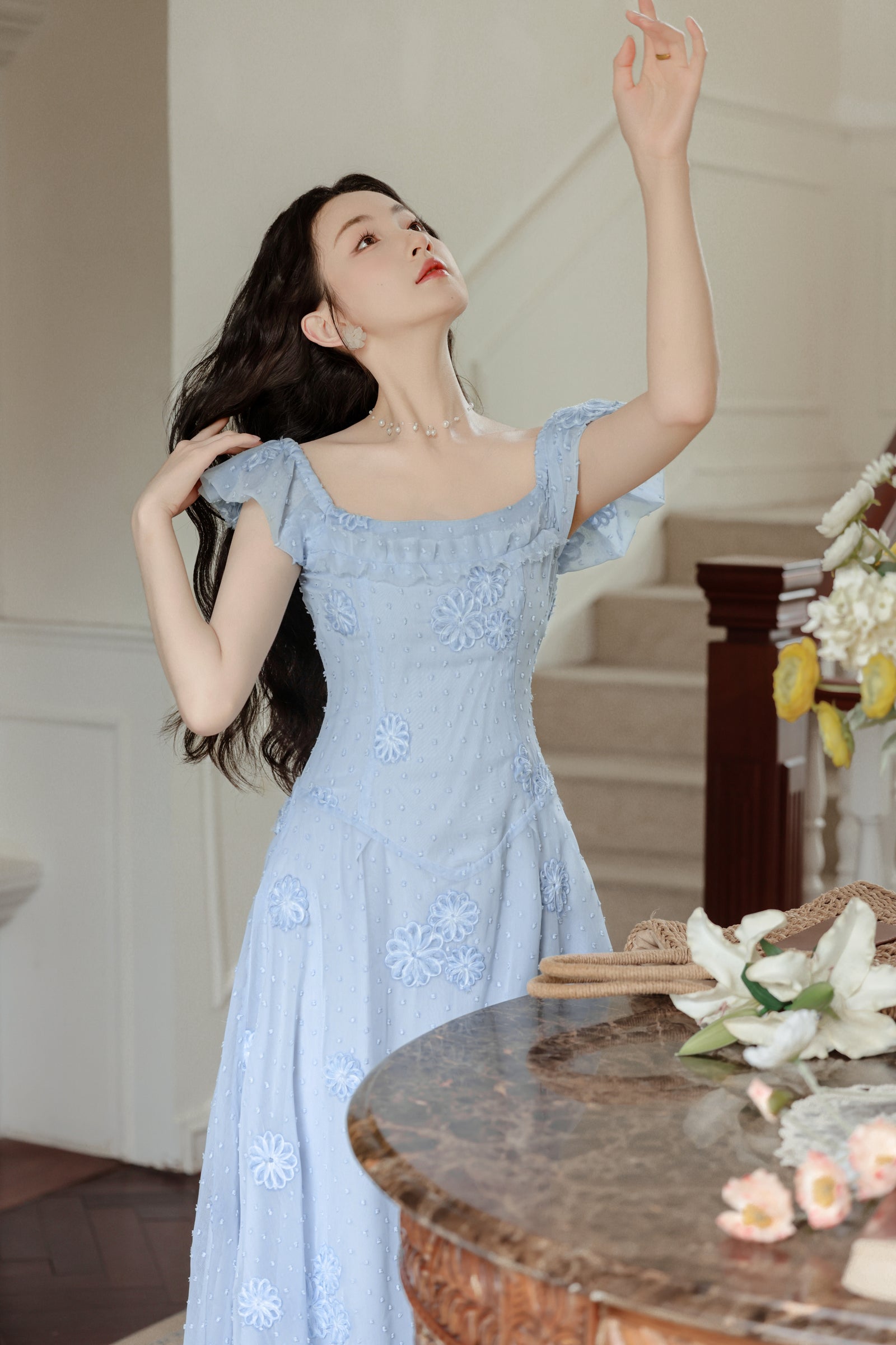 Delicate Blue Floral Embroidered Maxi Dress - Masion Chérie