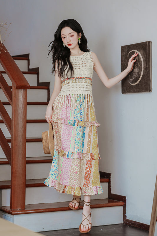 Bohemian Crochet Top and Patchwork Skirt Two-Piece Set