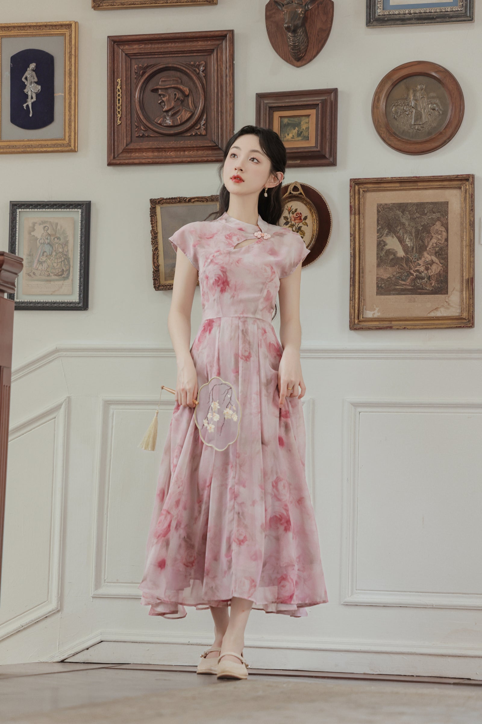 Pink Floral High-Neck Cheongsam Maxi Dress - Masion Chérie