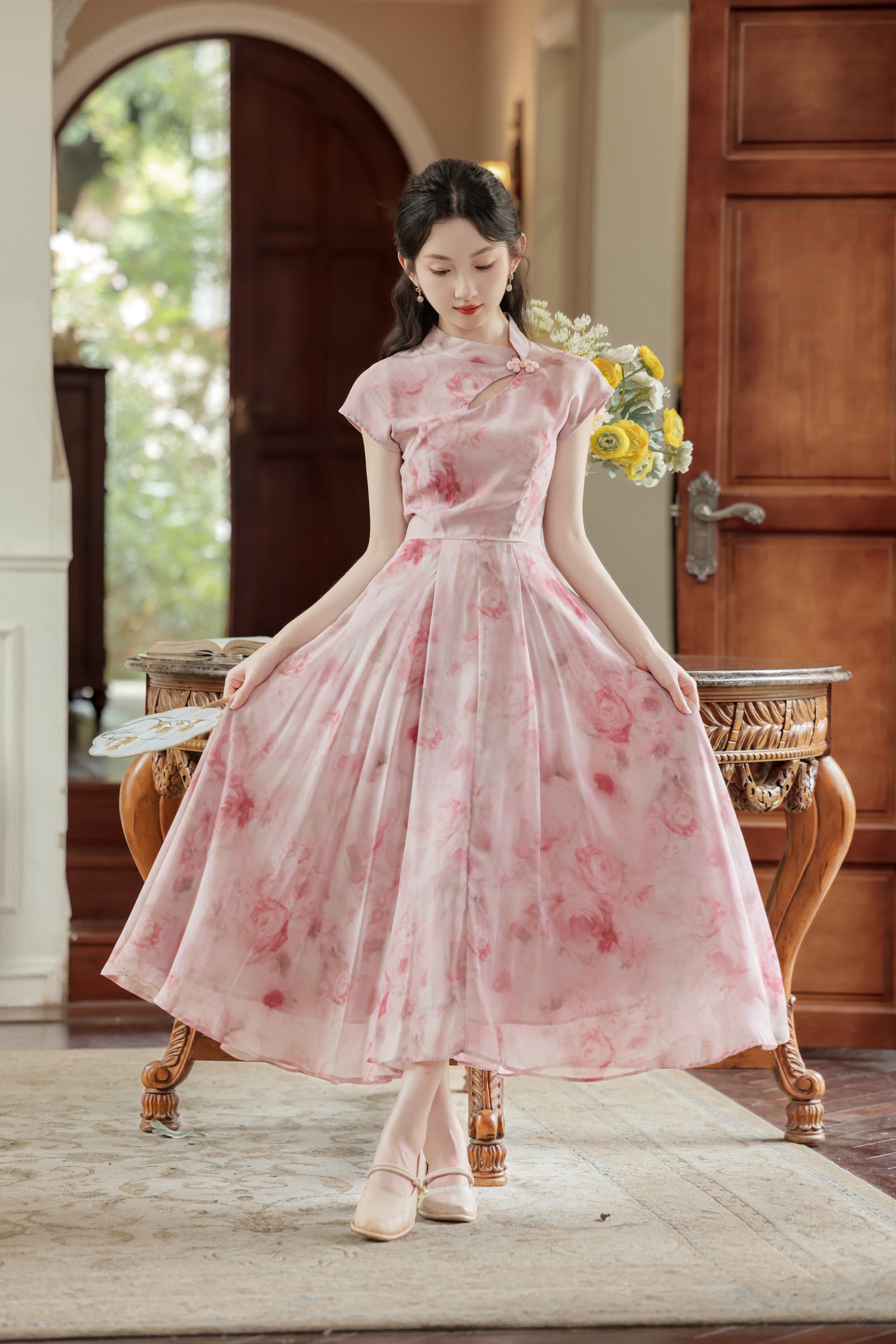 Pink Floral High-Neck Cheongsam Maxi Dress - Masion Chérie