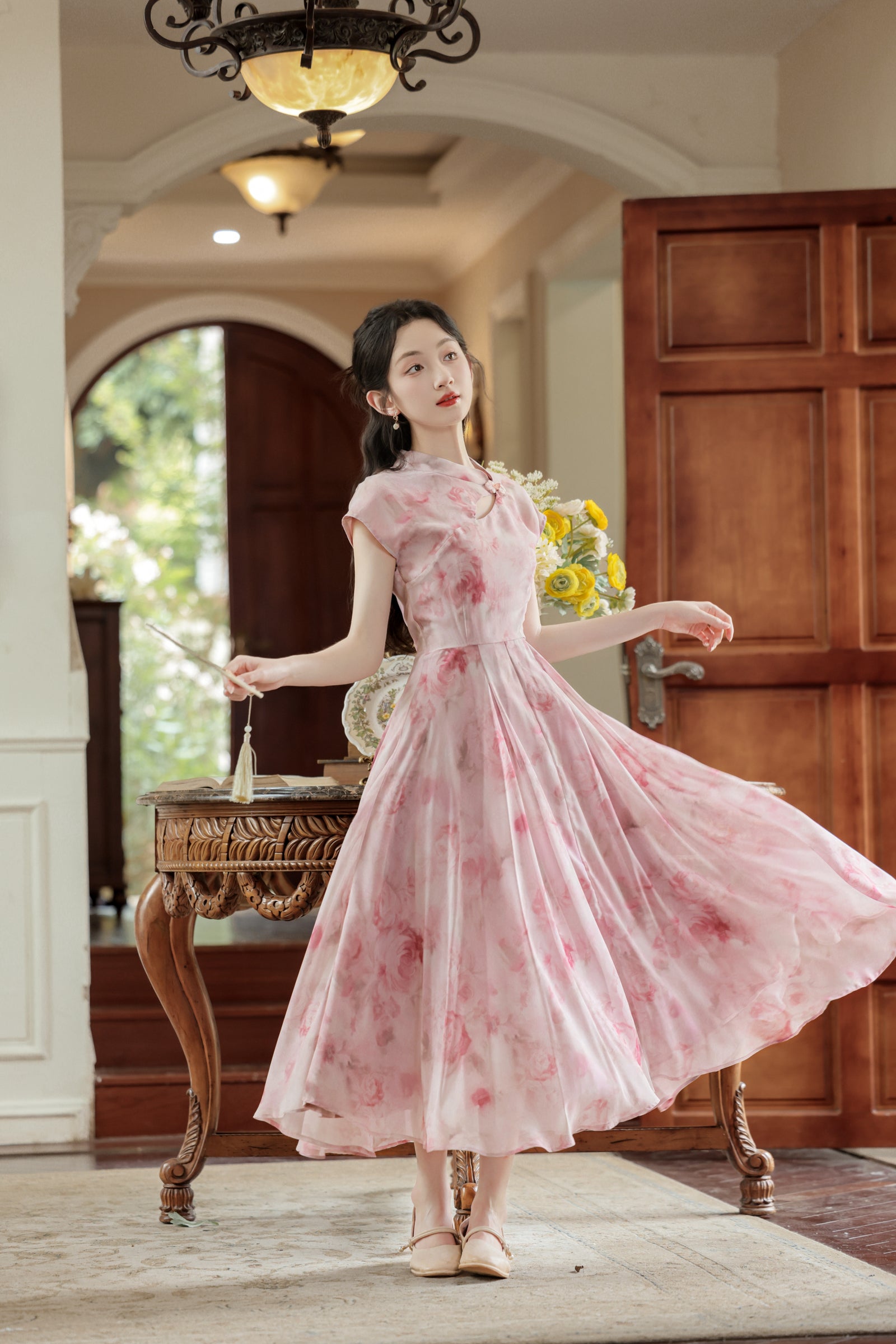 Pink Floral High-Neck Cheongsam Maxi Dress - Masion Chérie