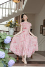 Pink Floral High-Neck Cheongsam Maxi Dress - Masion Chérie