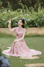 Pink Floral High-Neck Cheongsam Maxi Dress - Masion Chérie