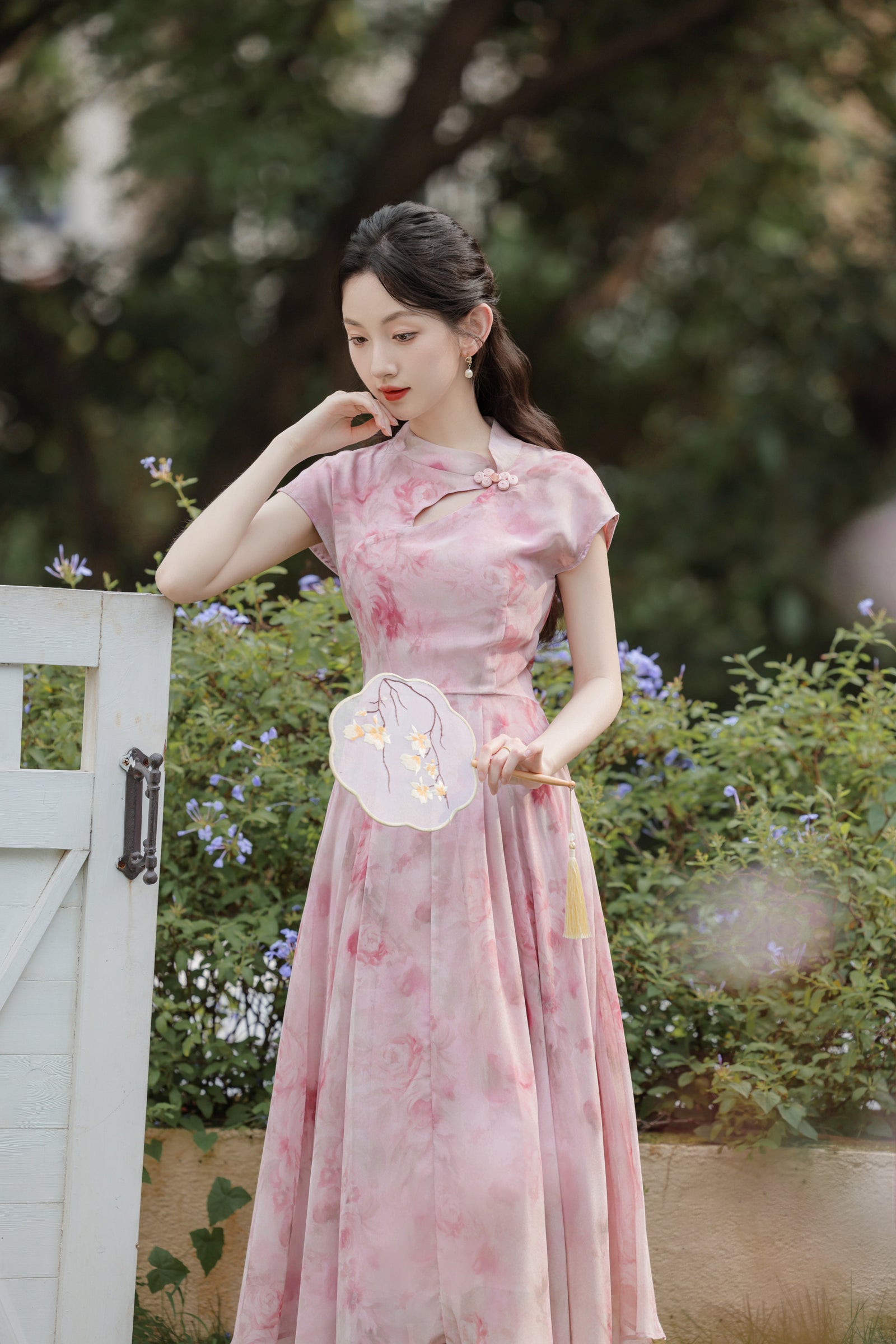 Pink Floral High-Neck Cheongsam Maxi Dress - Masion Chérie