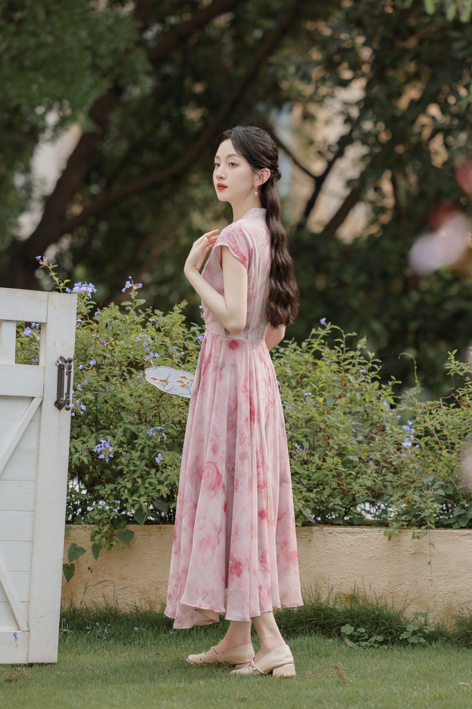 Pink Floral High-Neck Cheongsam Maxi Dress - Masion Chérie