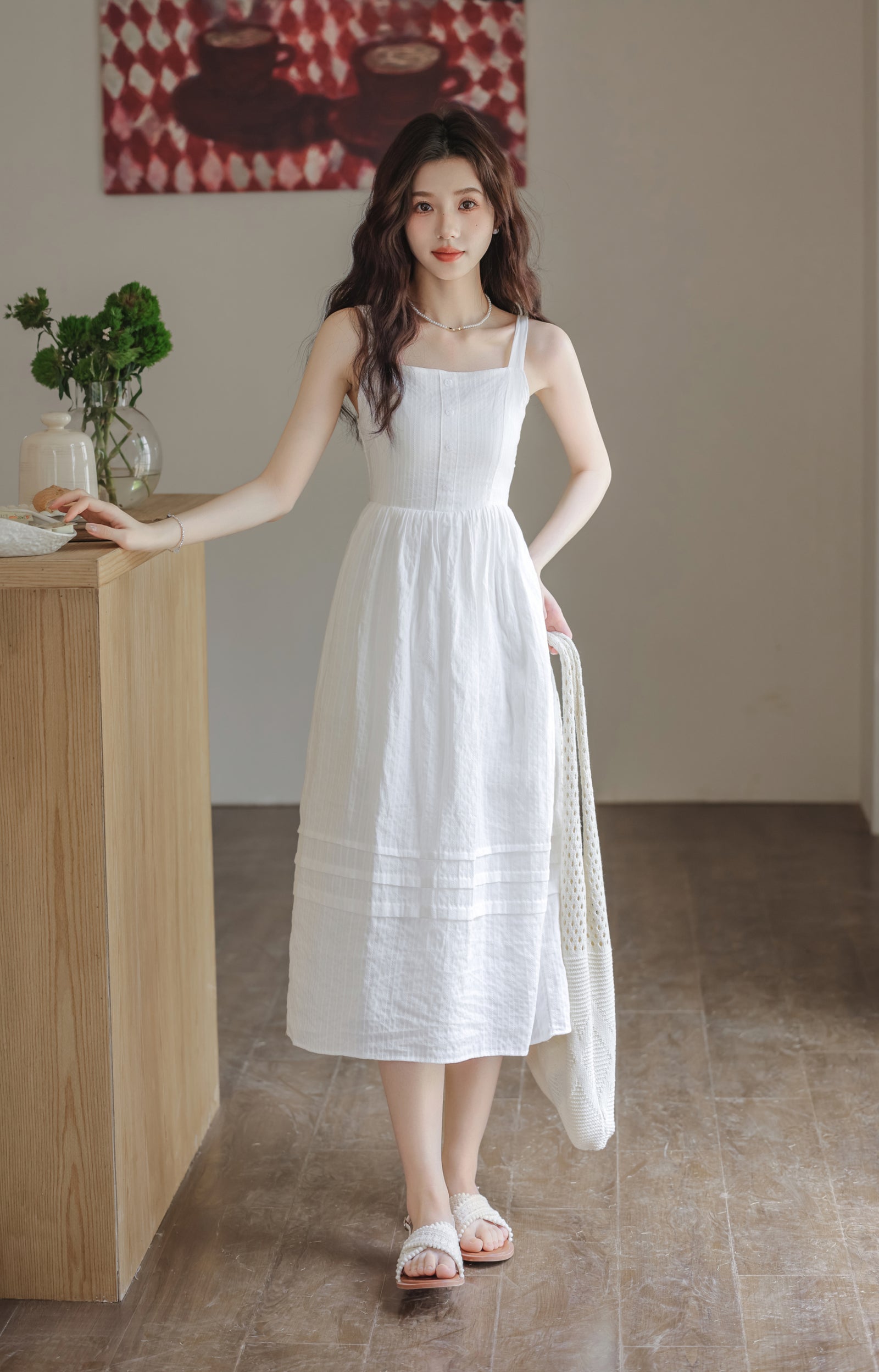 White Spaghetti Strap Button-Front Midi Dress - Masion Chérie