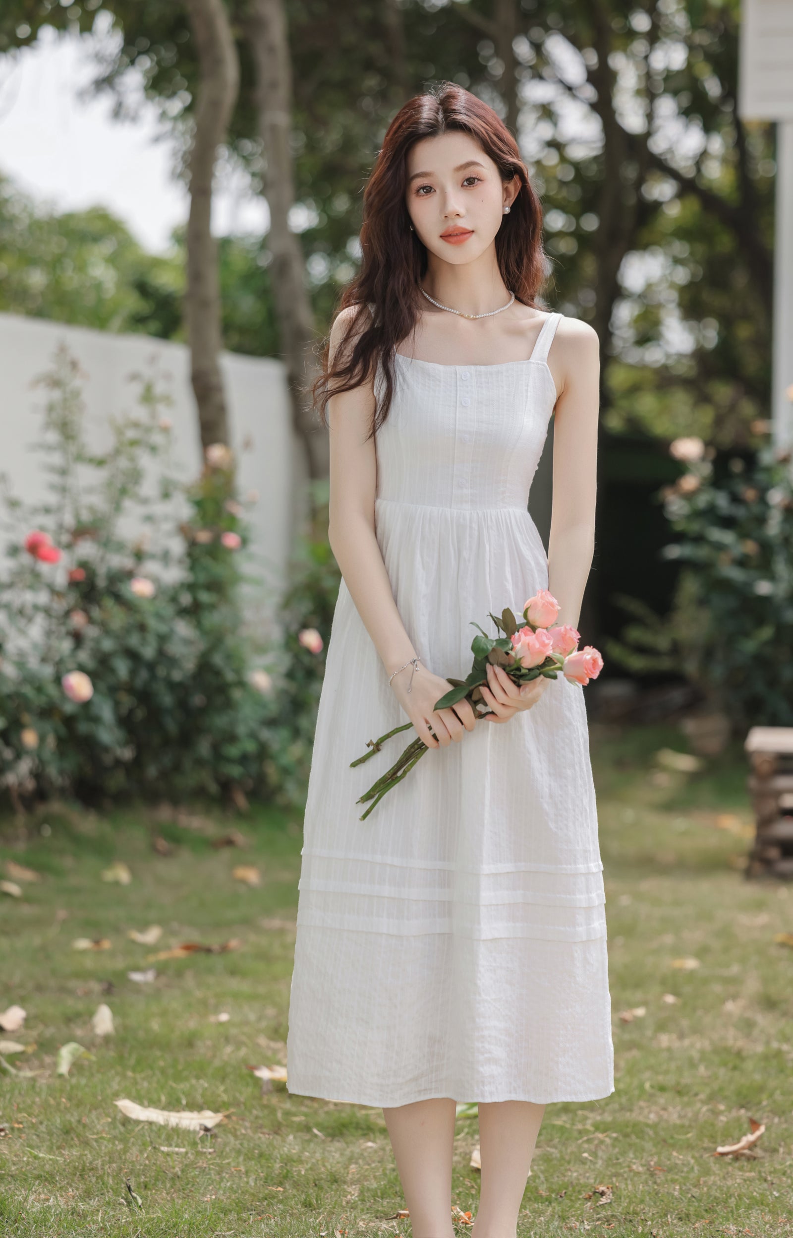 White Spaghetti Strap Button-Front Midi Dress - Masion Chérie