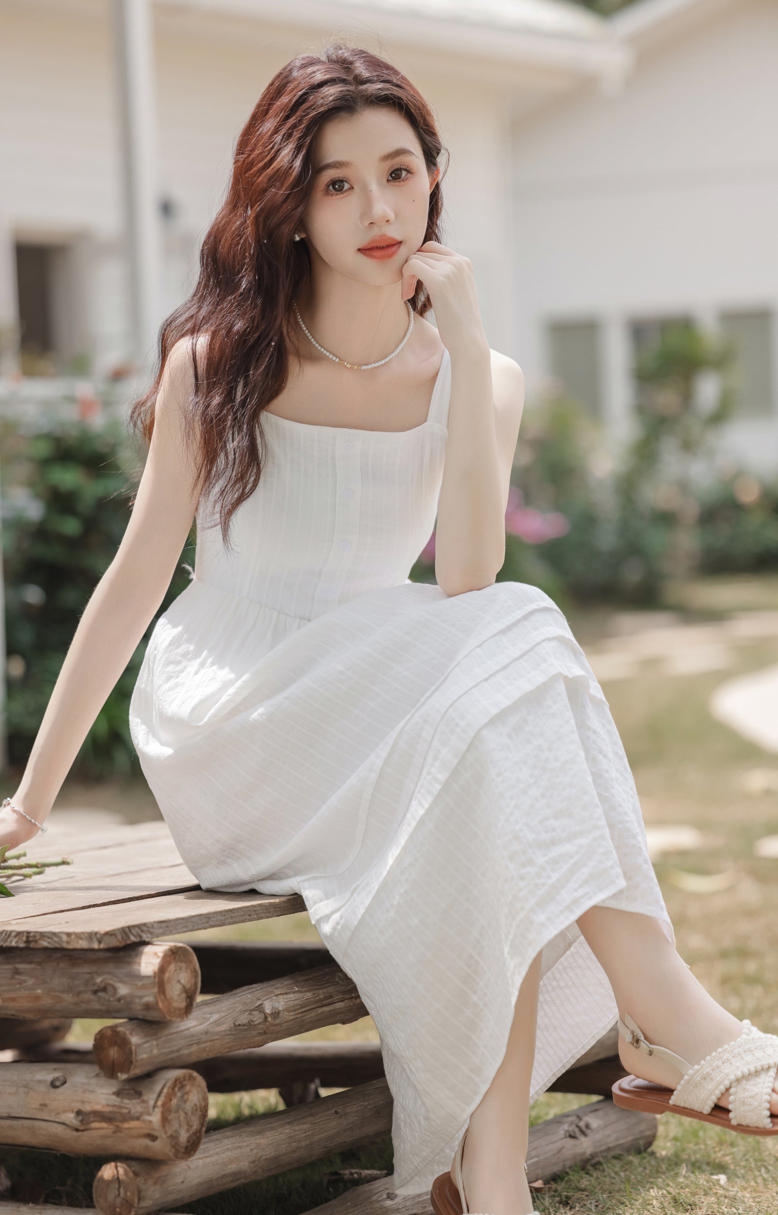 White Spaghetti Strap Button-Front Midi Dress - Masion Chérie