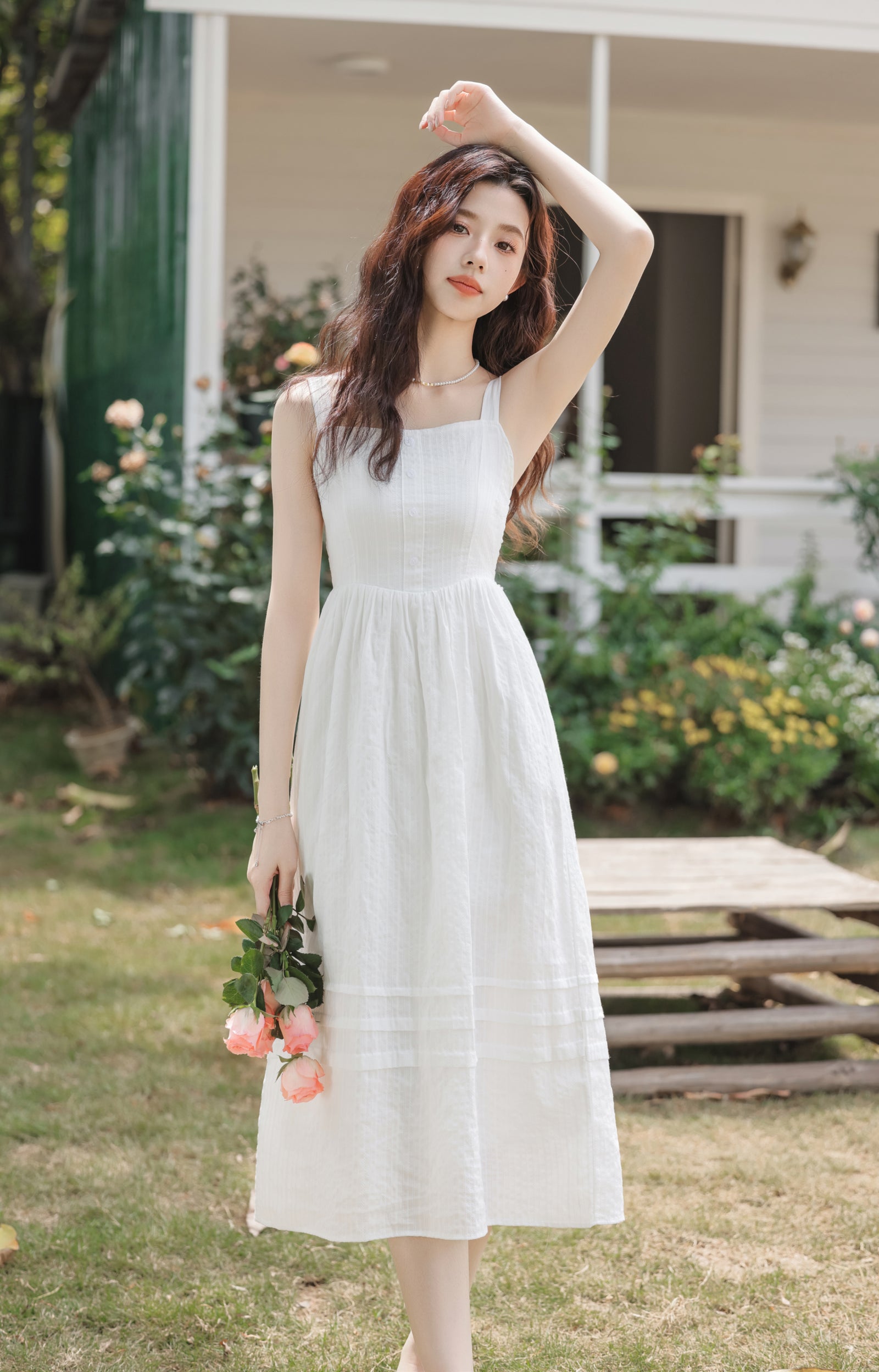 White Spaghetti Strap Button-Front Midi Dress - Masion Chérie