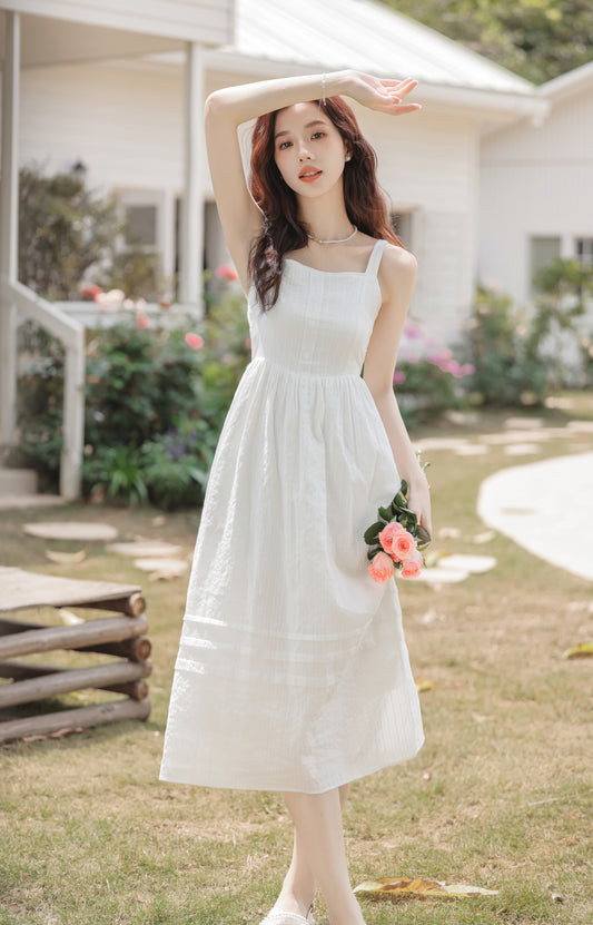 White Spaghetti Strap Button-Front Midi Dress - Masion Chérie