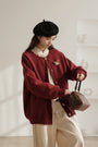 Bear Embellishment Burgundy Button-Up Cardigan