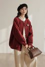 Bear Embellishment Burgundy Button-Up Cardigan