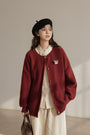 Bear Embellishment Burgundy Button-Up Cardigan