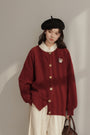 Bear Embellishment Burgundy Button-Up Cardigan