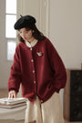 Bear Embellishment Burgundy Button-Up Cardigan