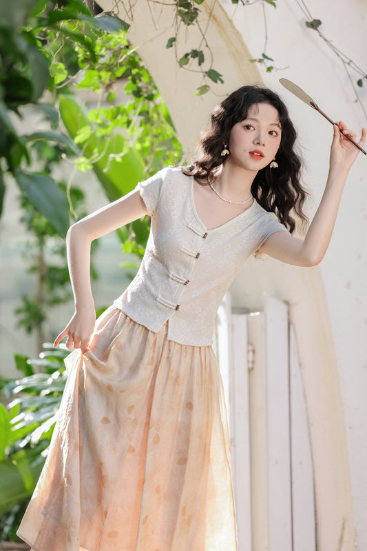 V-neck Cheongsam Top and Floral High-Waisted Skirt Two-Piece Set - Masion Chérie