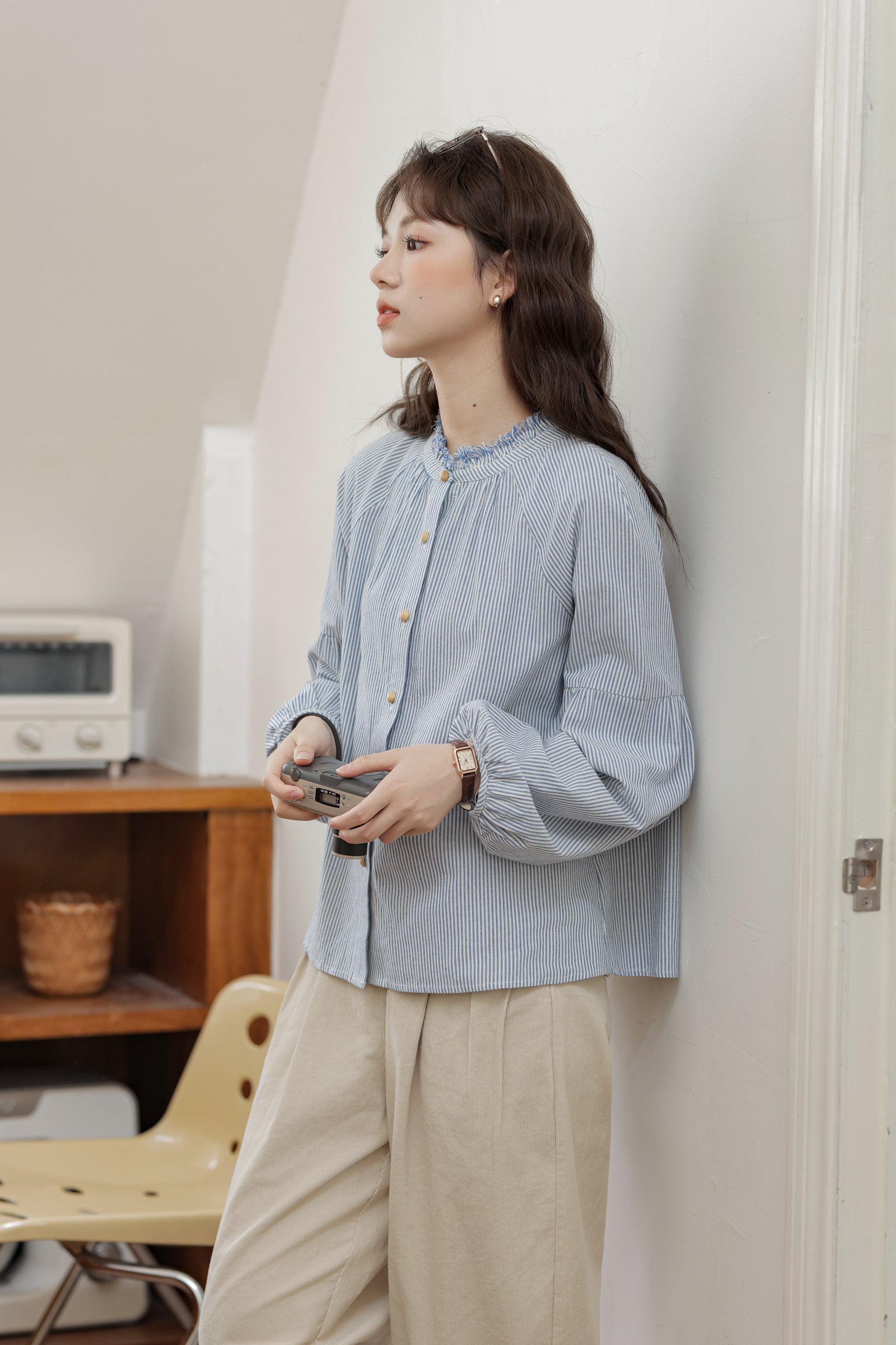 Blue Striped Mandarin Collar Button-Down Blouse