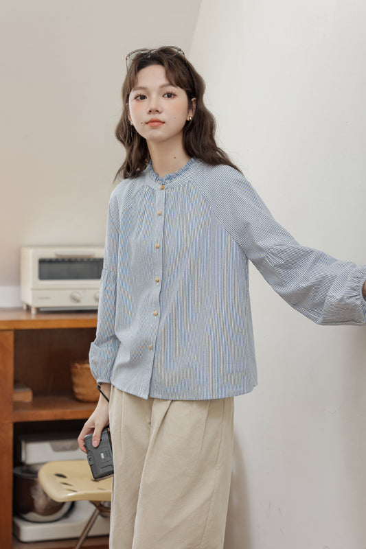 Blue Striped Mandarin Collar Button-Down Blouse