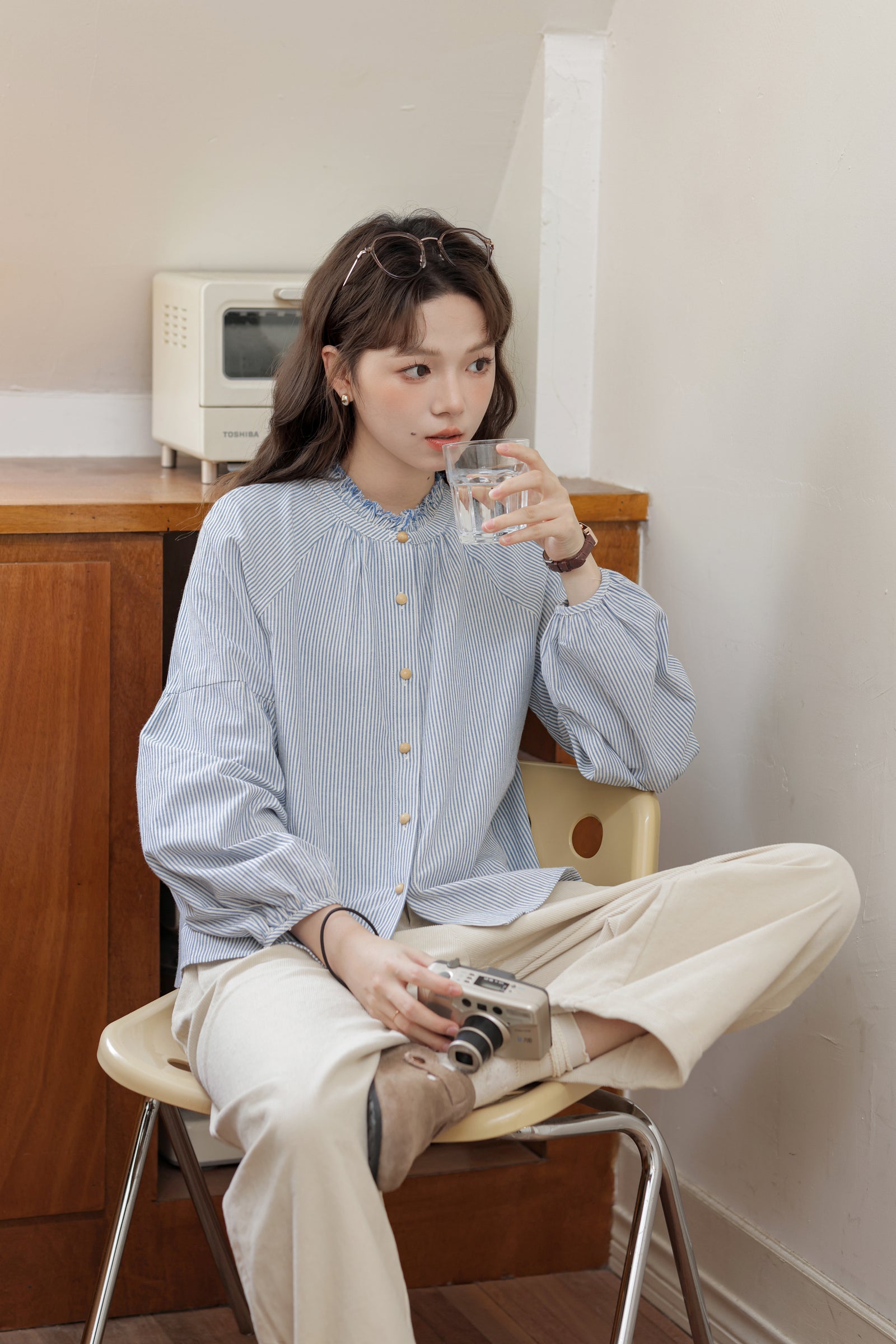 Blue Striped Mandarin Collar Button-Down Blouse