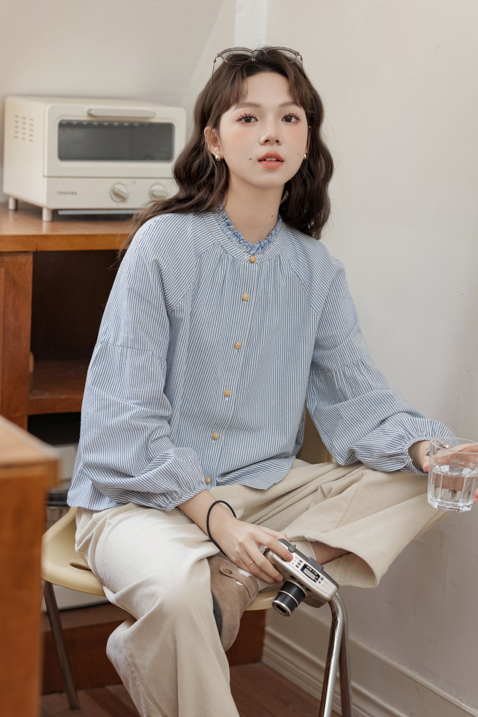 Blue Striped Mandarin Collar Button-Down Blouse