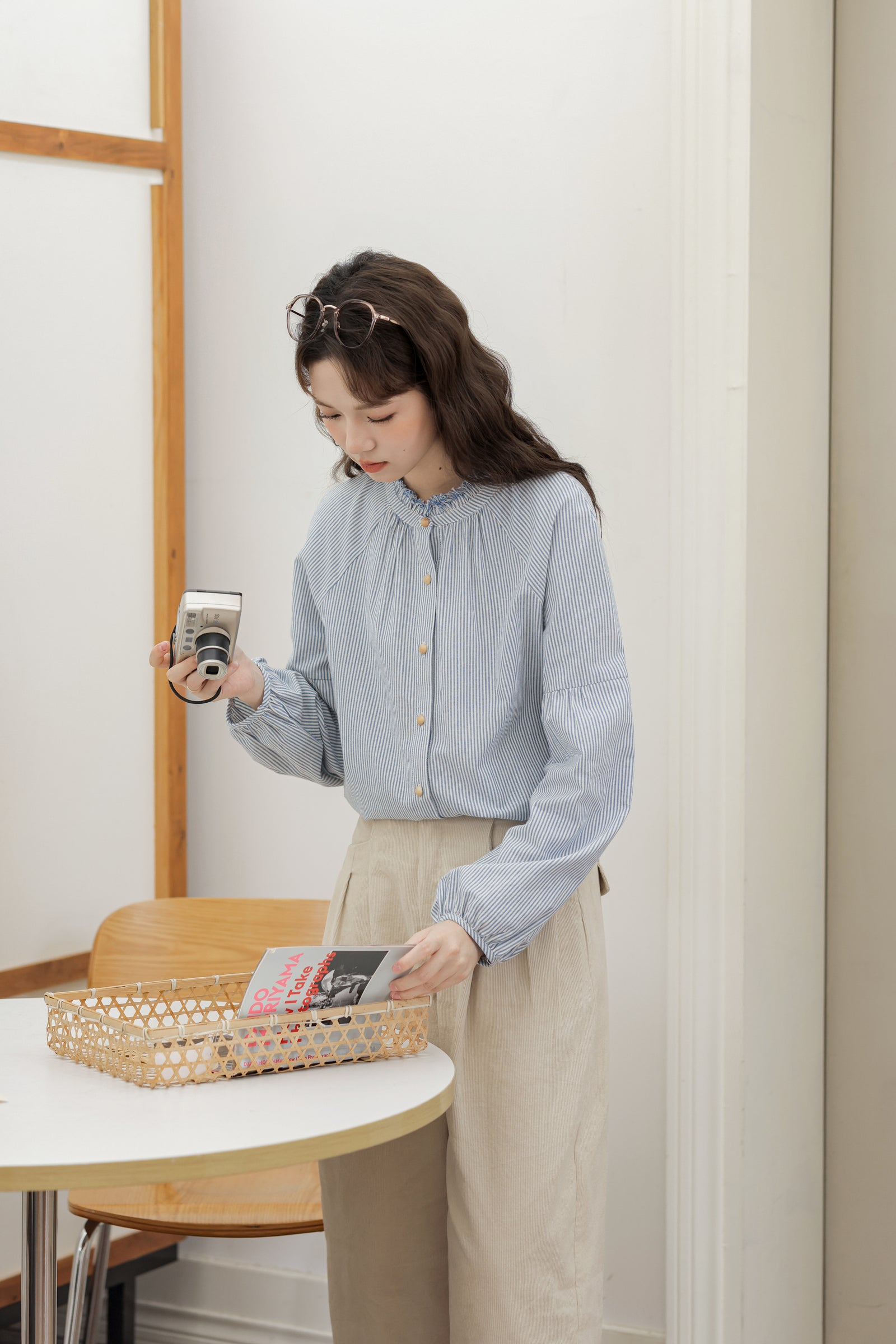 Blue Striped Mandarin Collar Button-Down Blouse