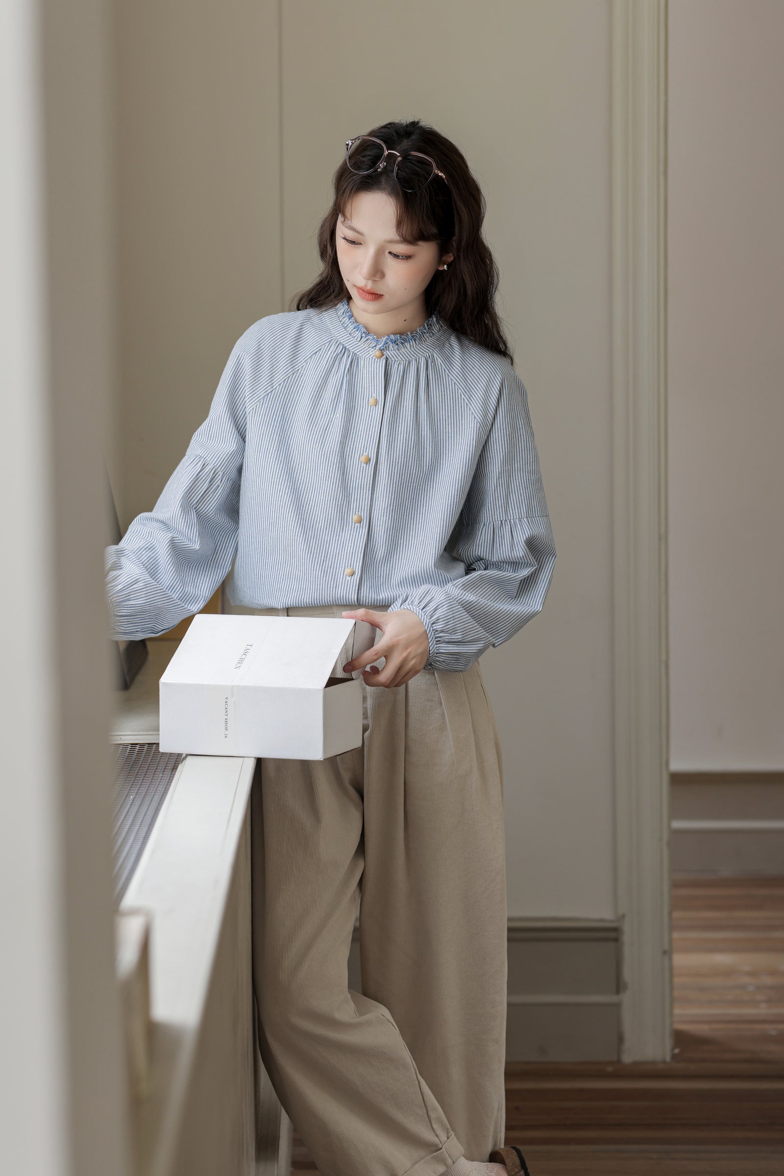 Blue Striped Mandarin Collar Button-Down Blouse