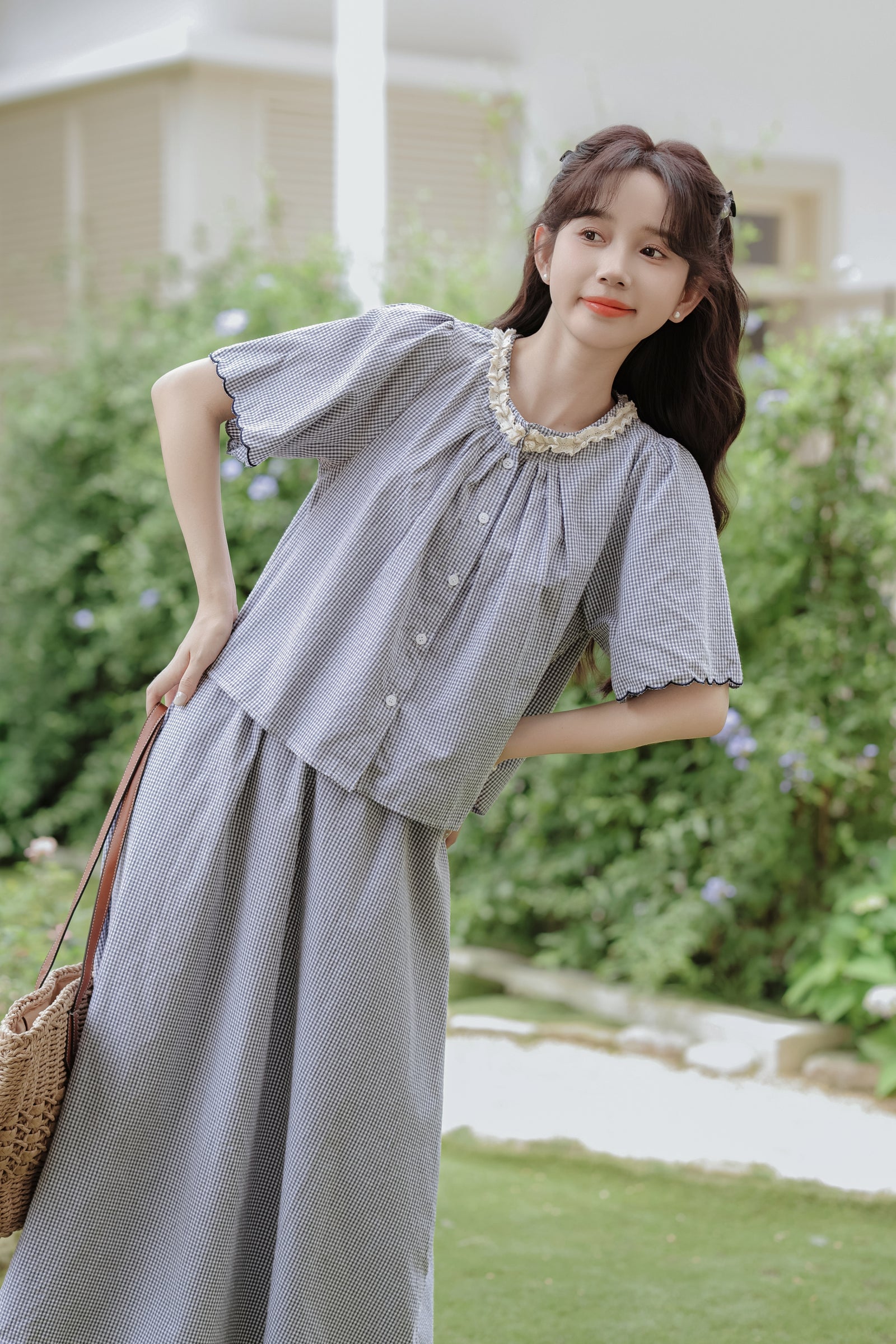 Gingham Ruffled Collar Blouse and Maxi Skirt Set - Masion Chérie