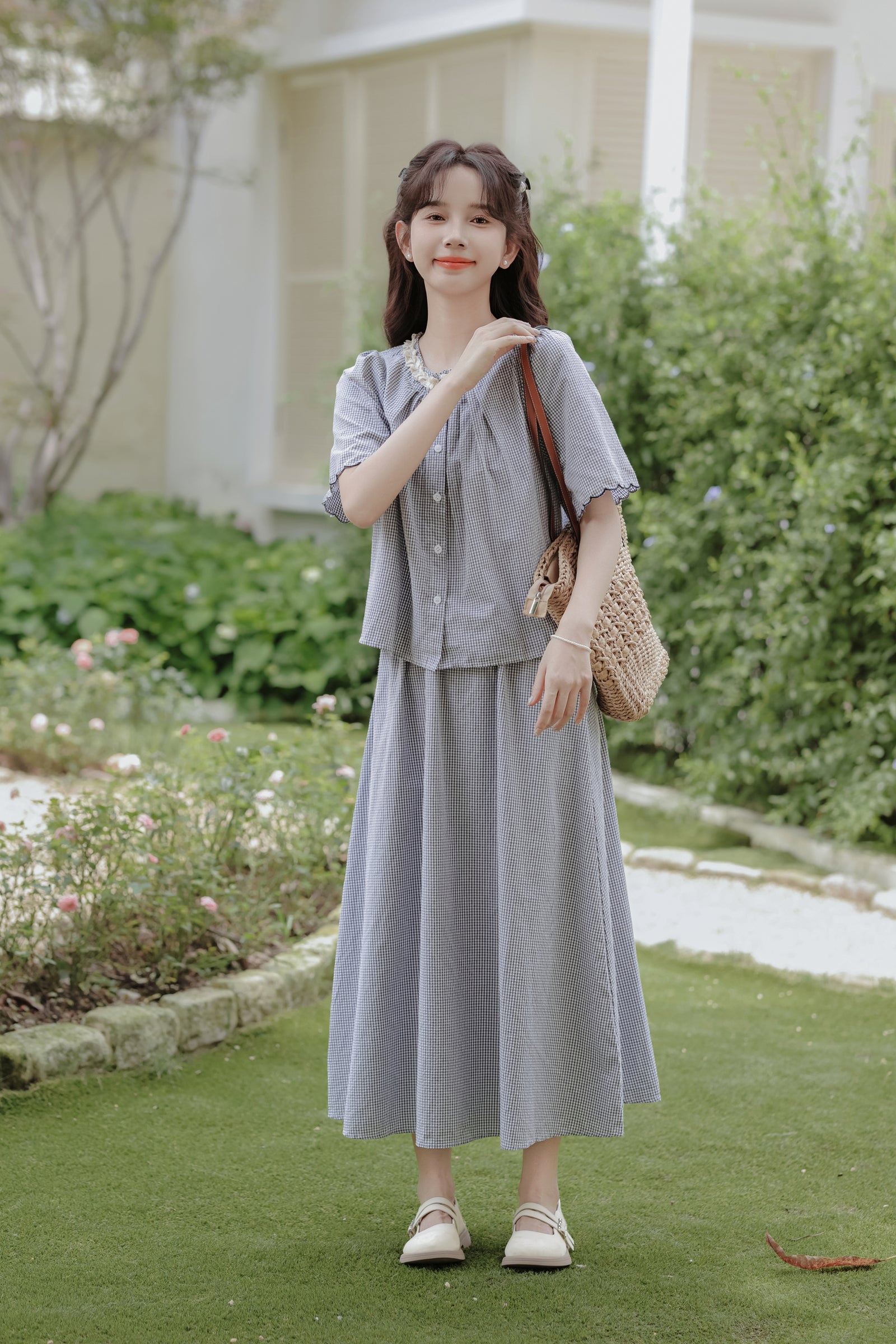 Gingham Ruffled Collar Blouse and Maxi Skirt Set - Masion Chérie