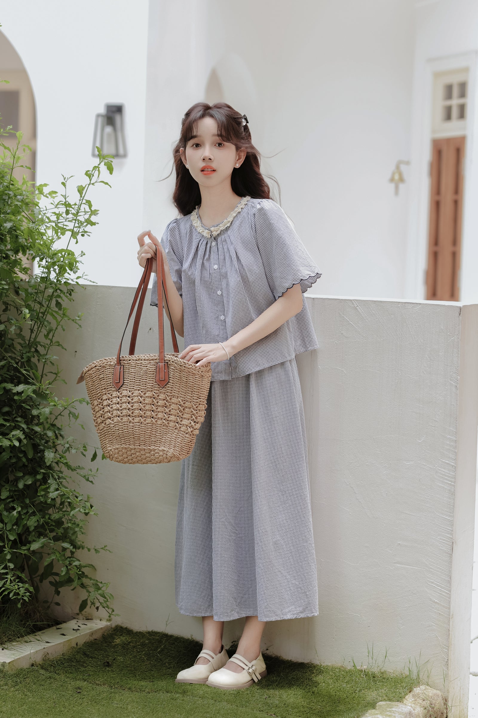 Gingham Ruffled Collar Blouse and Maxi Skirt Set - Masion Chérie