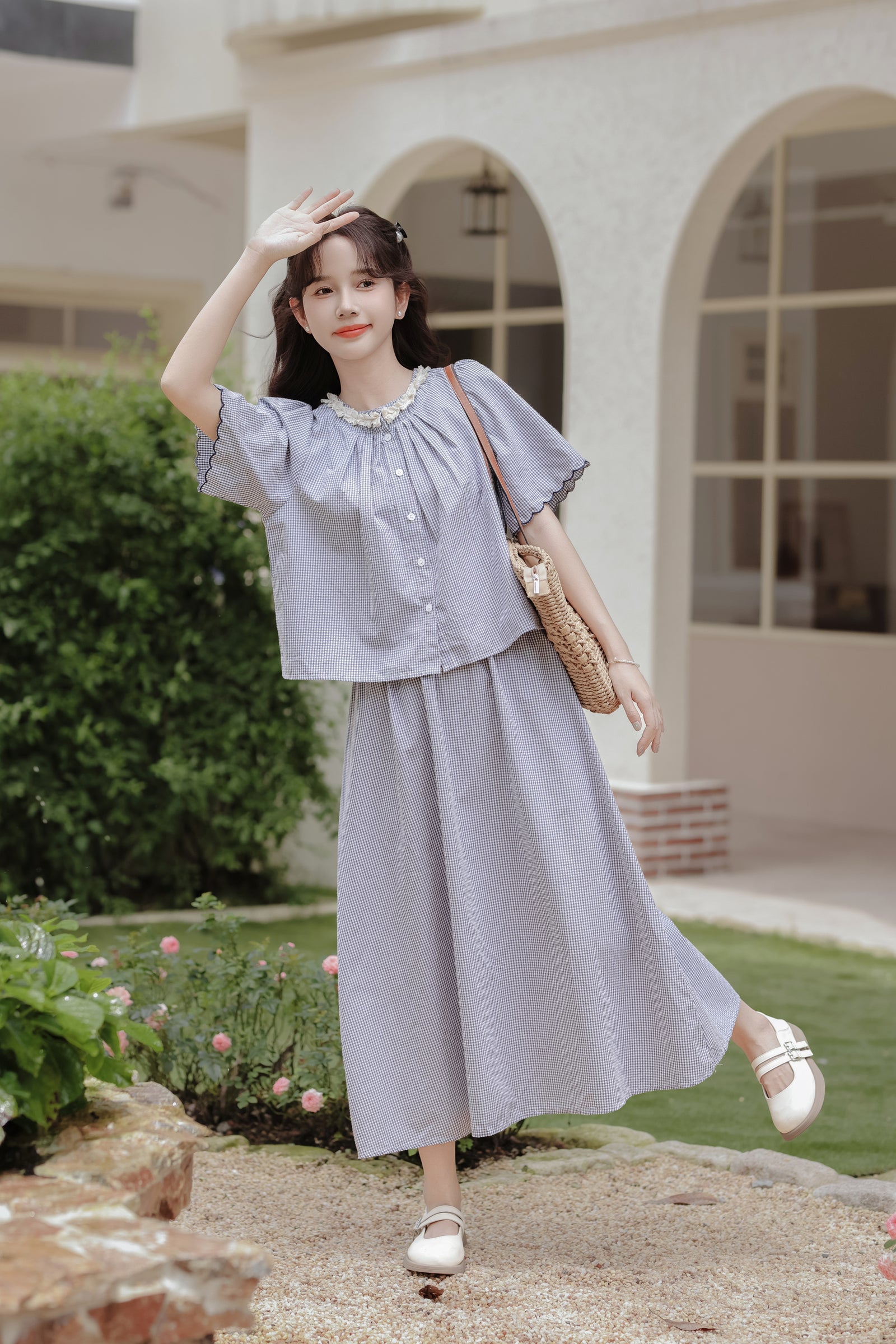 Gingham Ruffled Collar Blouse and Maxi Skirt Set - Masion Chérie