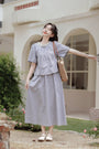 Gingham Ruffled Collar Blouse and Maxi Skirt Set - Masion Chérie