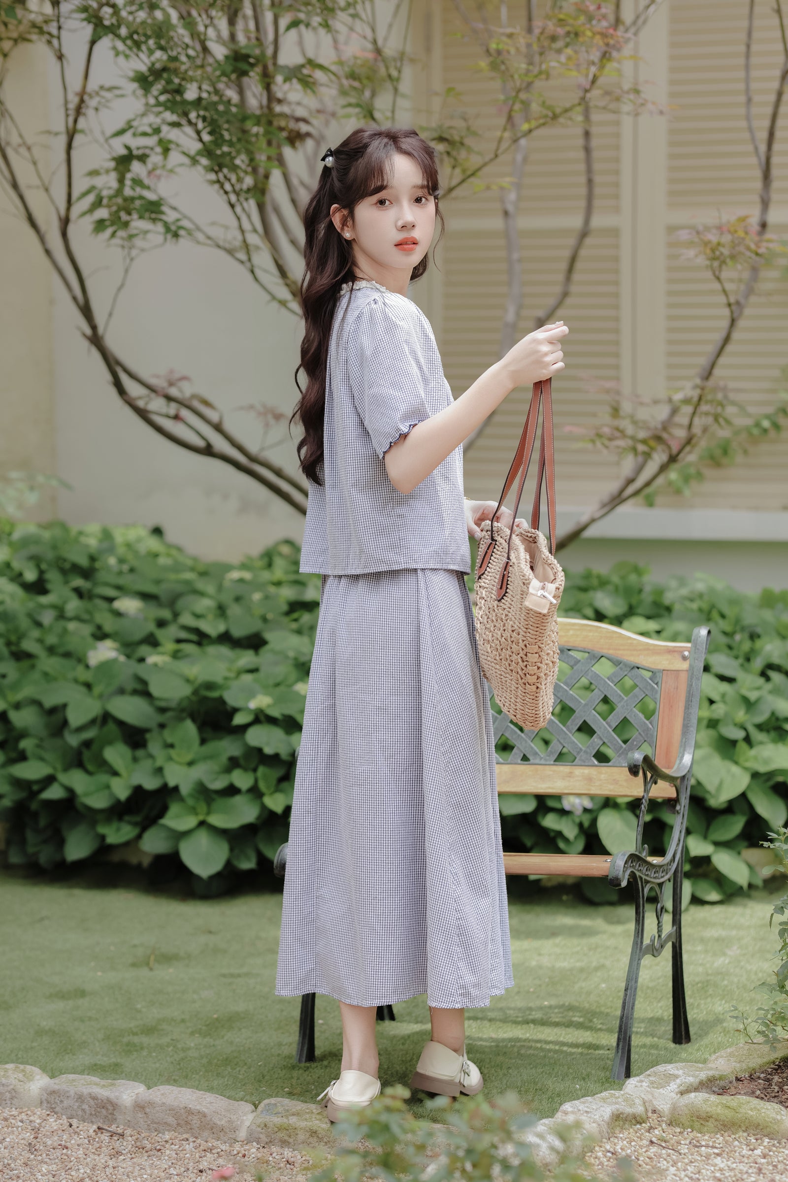 Gingham Ruffled Collar Blouse and Maxi Skirt Set - Masion Chérie