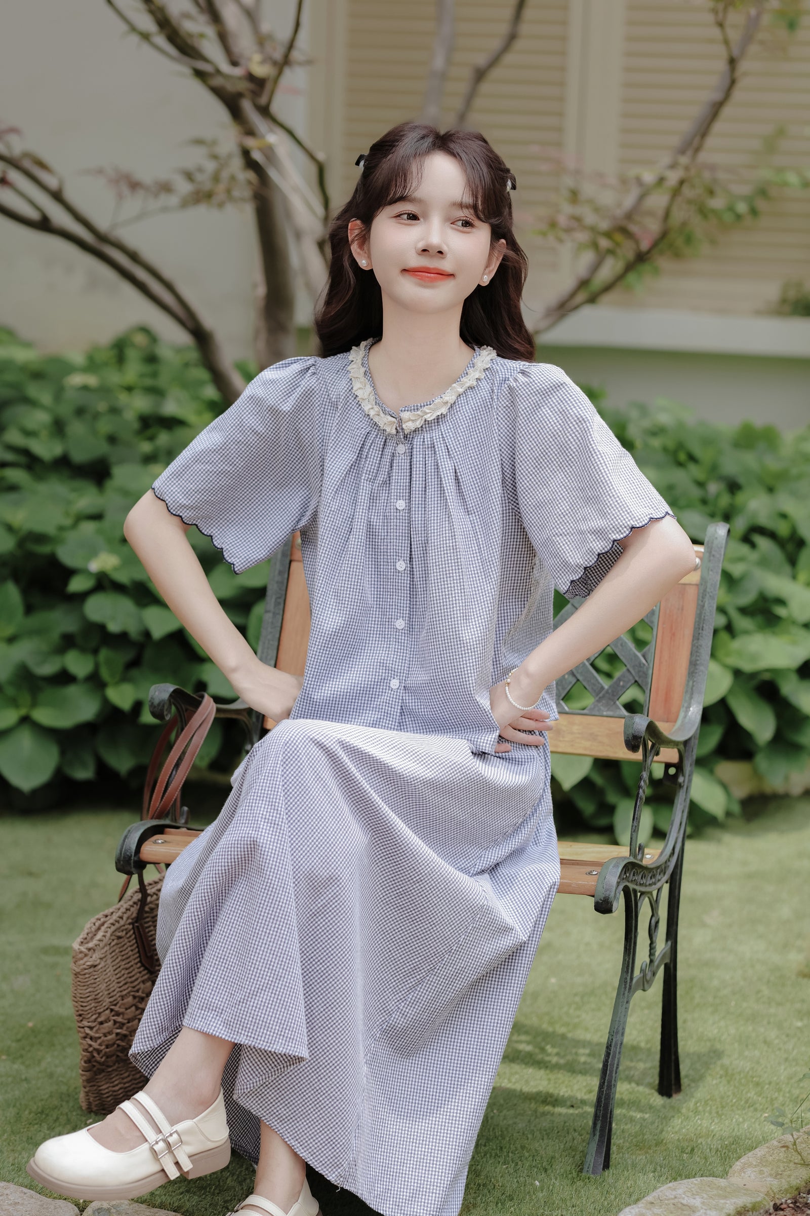 Gingham Ruffled Collar Blouse and Maxi Skirt Set - Masion Chérie