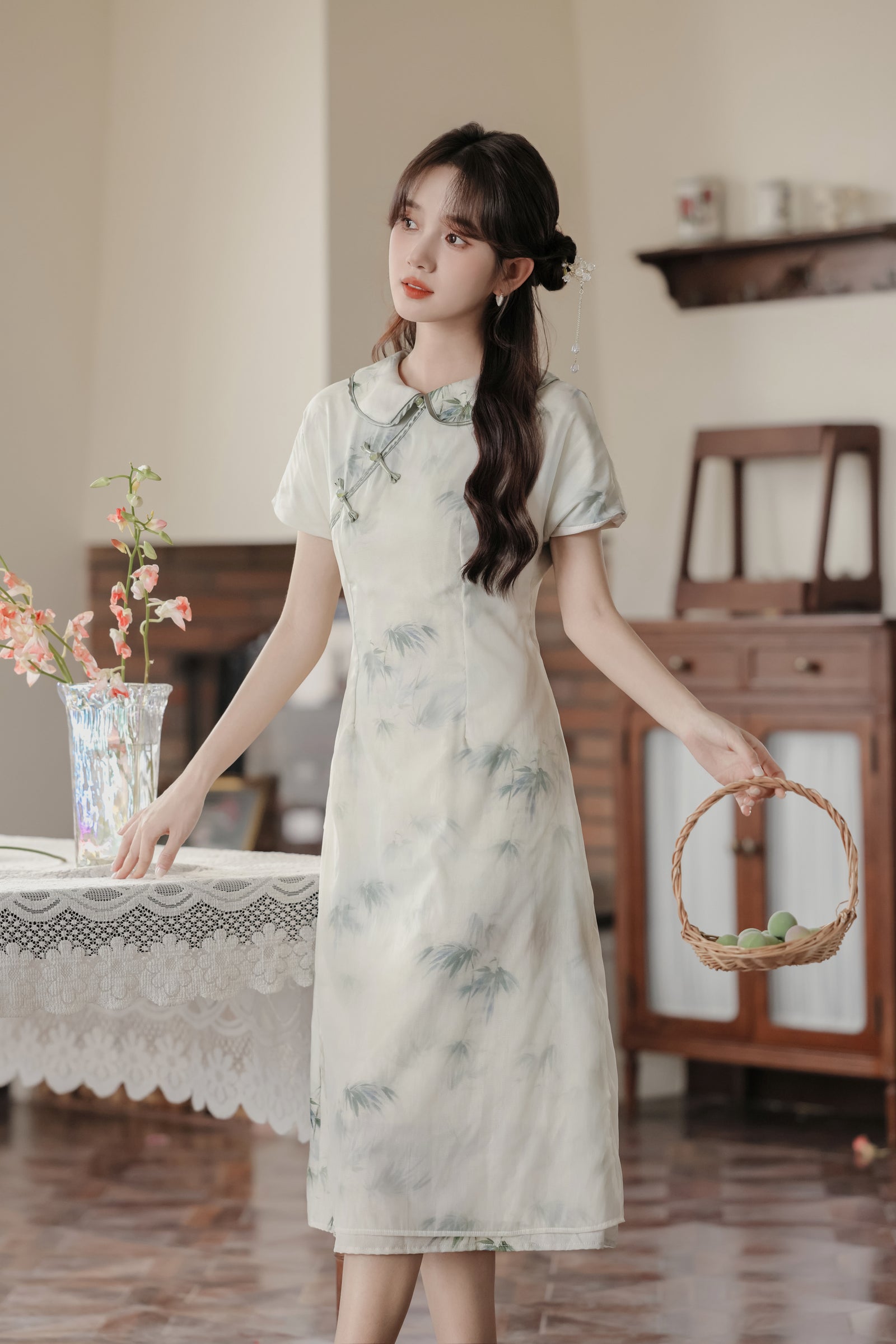 Vintage Bamboo Print Modified Cheongsam Dress - Masion Chérie