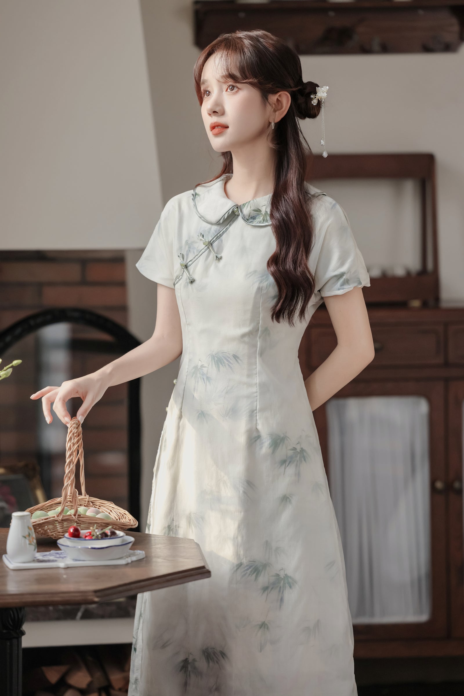 Vintage Bamboo Print Modified Cheongsam Dress - Masion Chérie