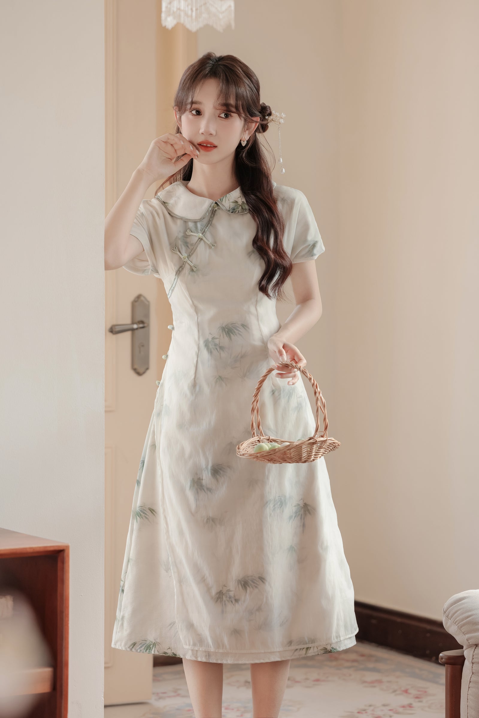 Vintage Bamboo Print Modified Cheongsam Dress - Masion Chérie