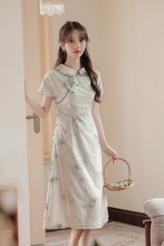 Vintage Bamboo Print Modified Cheongsam Dress - Masion Chérie