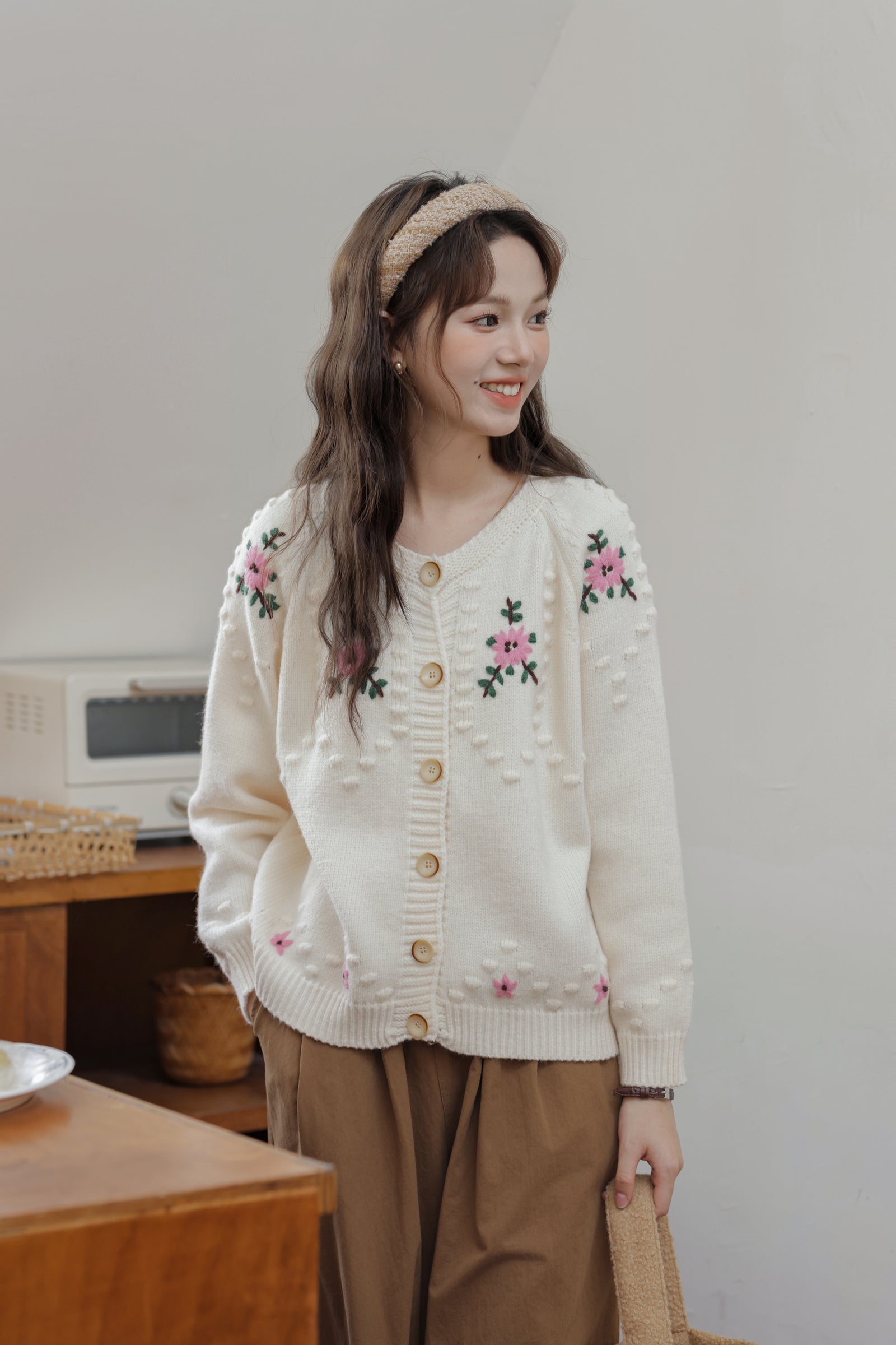 Ivory Floral Embroidered Button-Up Cardigan