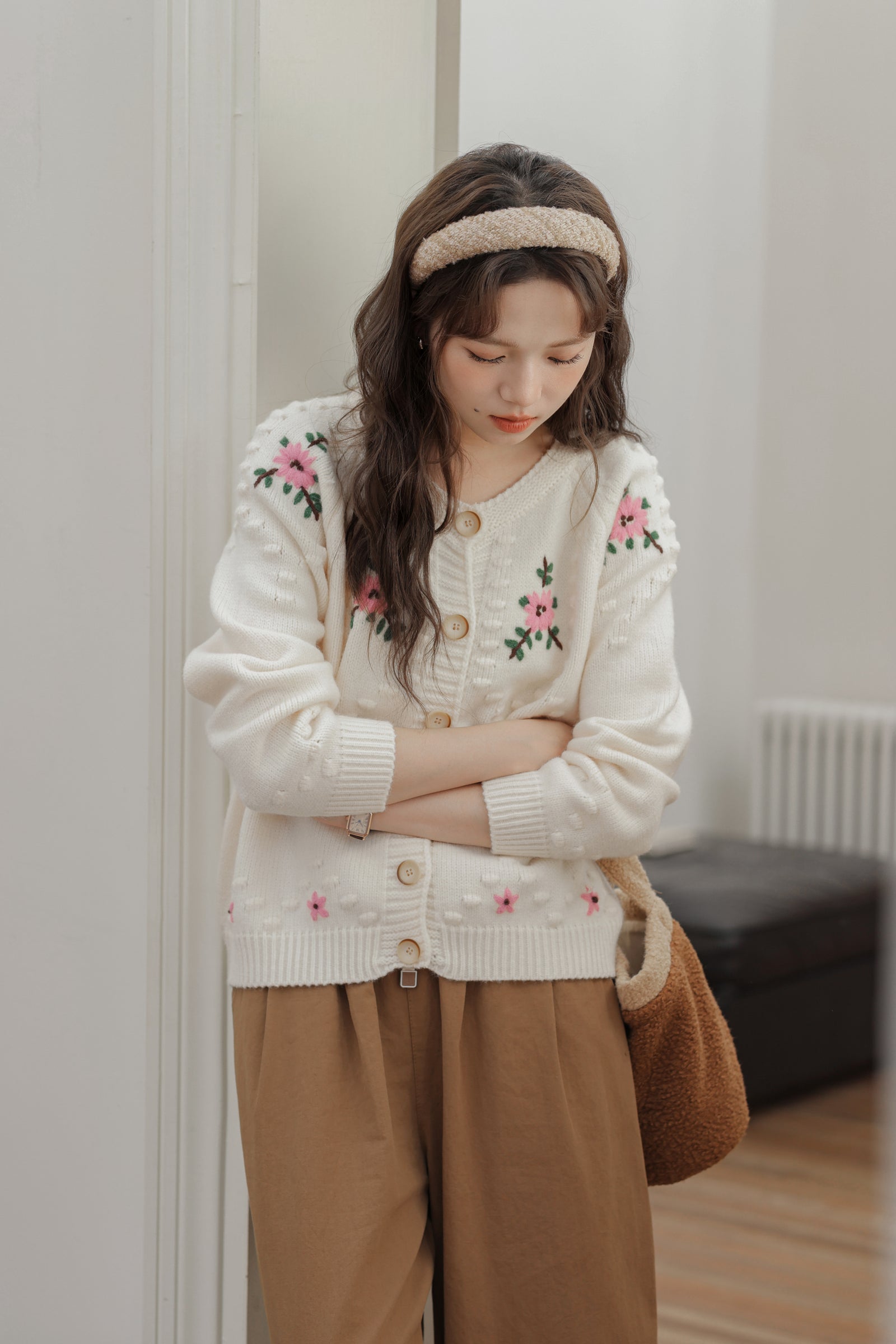 Ivory Floral Embroidered Button-Up Cardigan