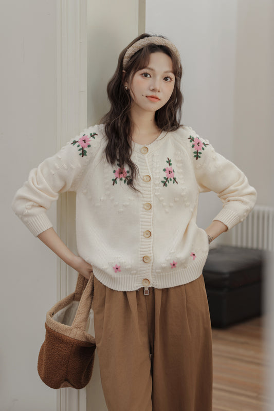 Ivory Floral Embroidered Button-Up Cardigan