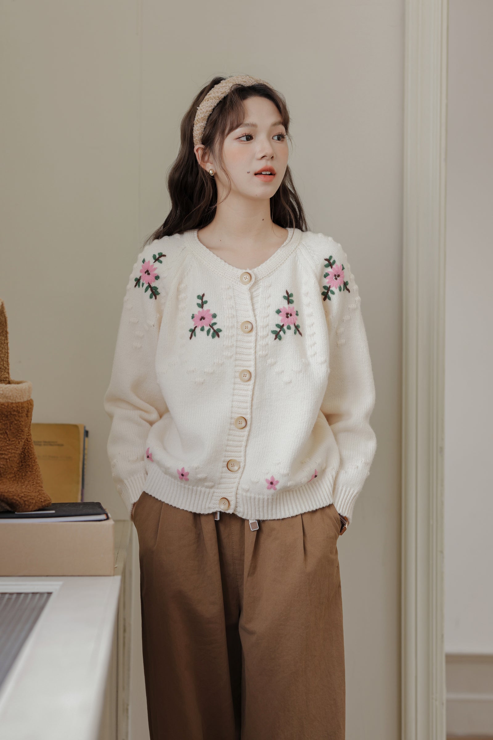 Ivory Floral Embroidered Button-Up Cardigan