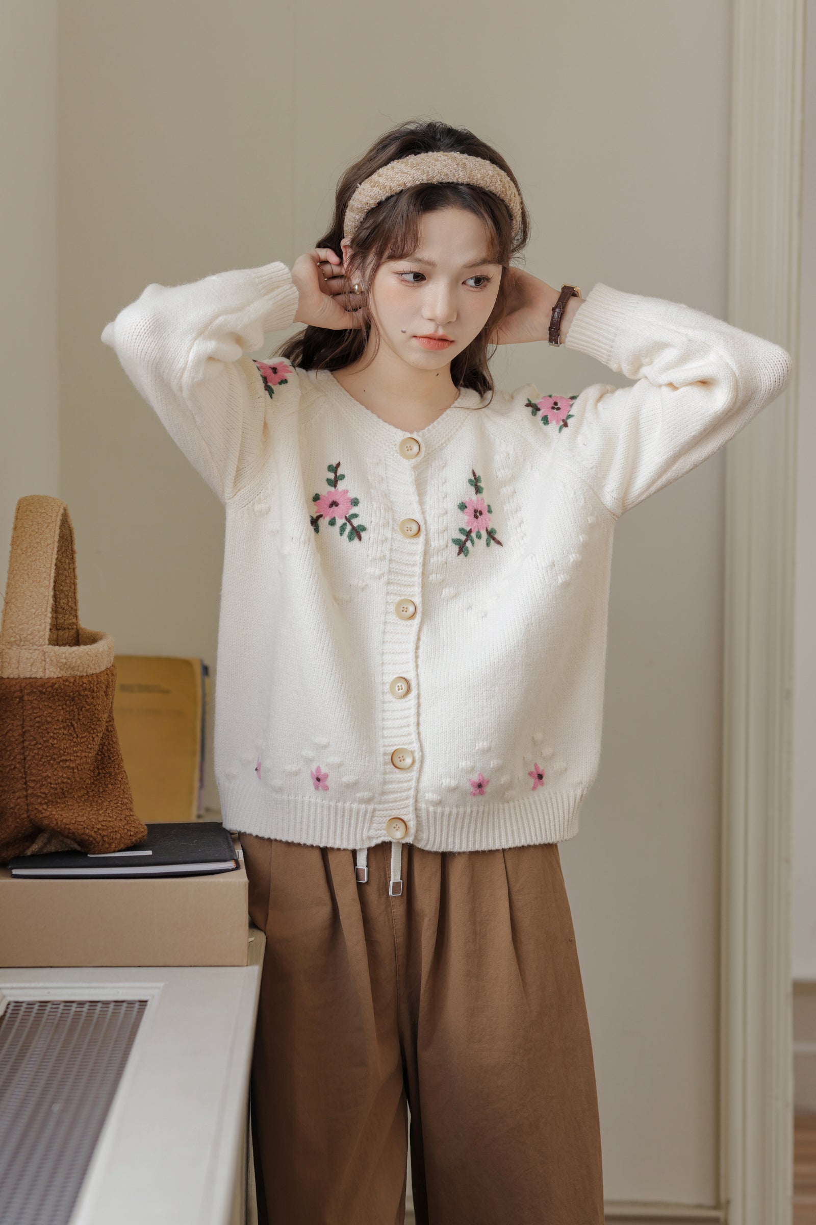 Ivory Floral Embroidered Button-Up Cardigan