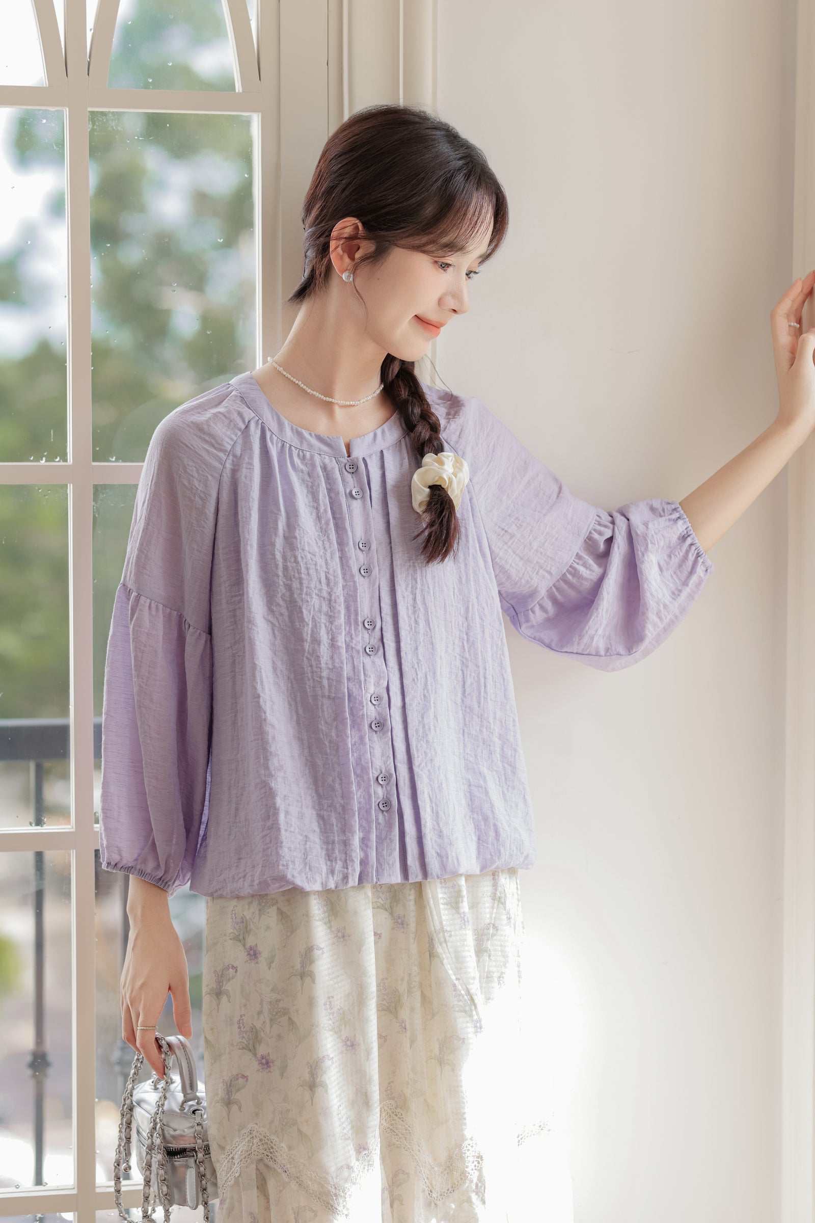 Lavender Dream Button-Down Puff Sleeve Blouse