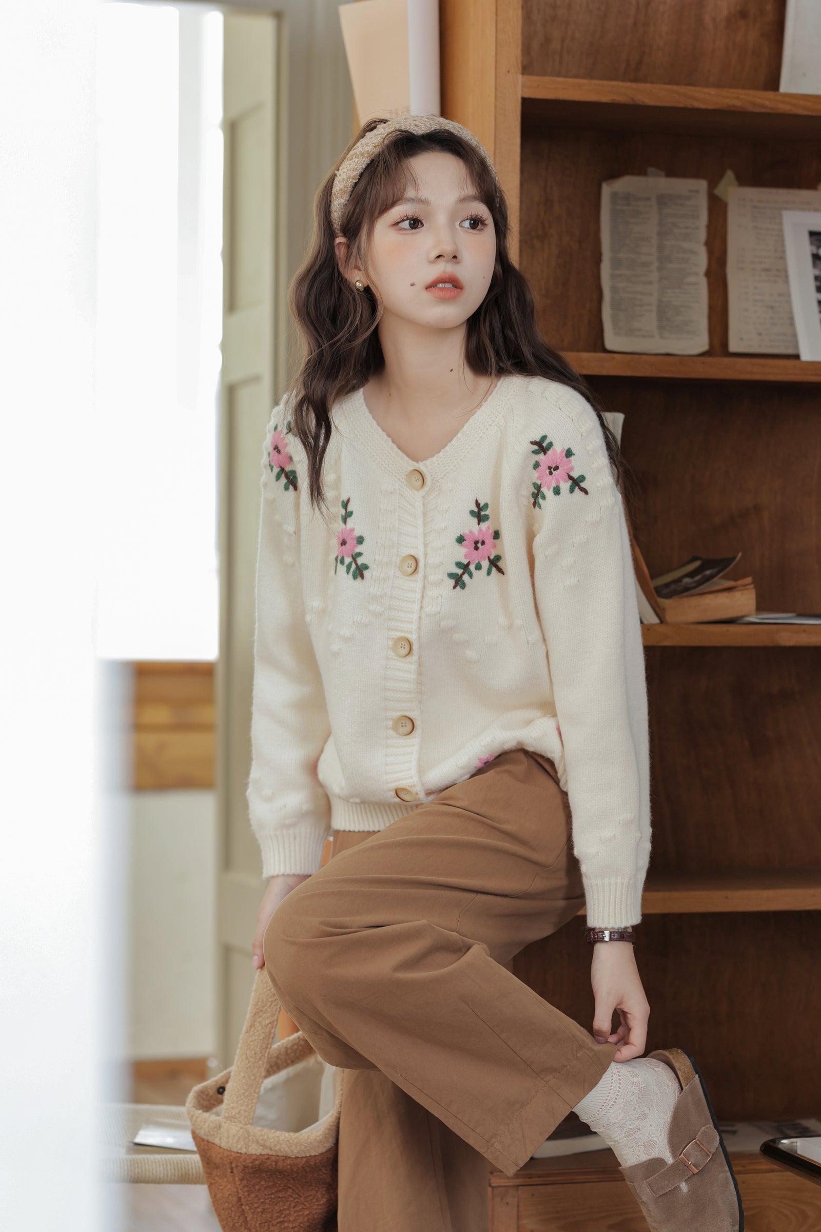 Ivory Floral Embroidered Button-Up Cardigan