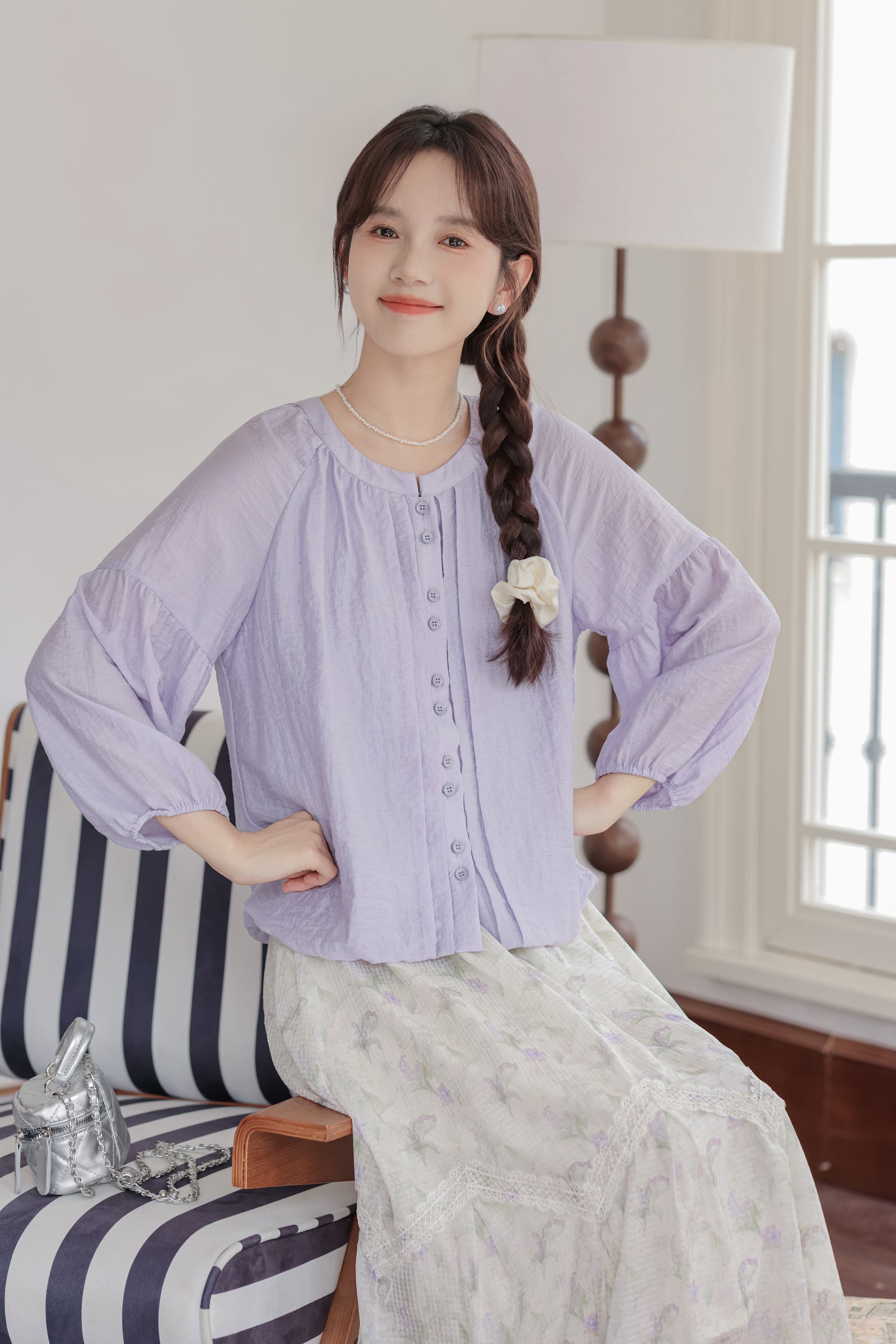 Lavender Dream Button-Down Puff Sleeve Blouse