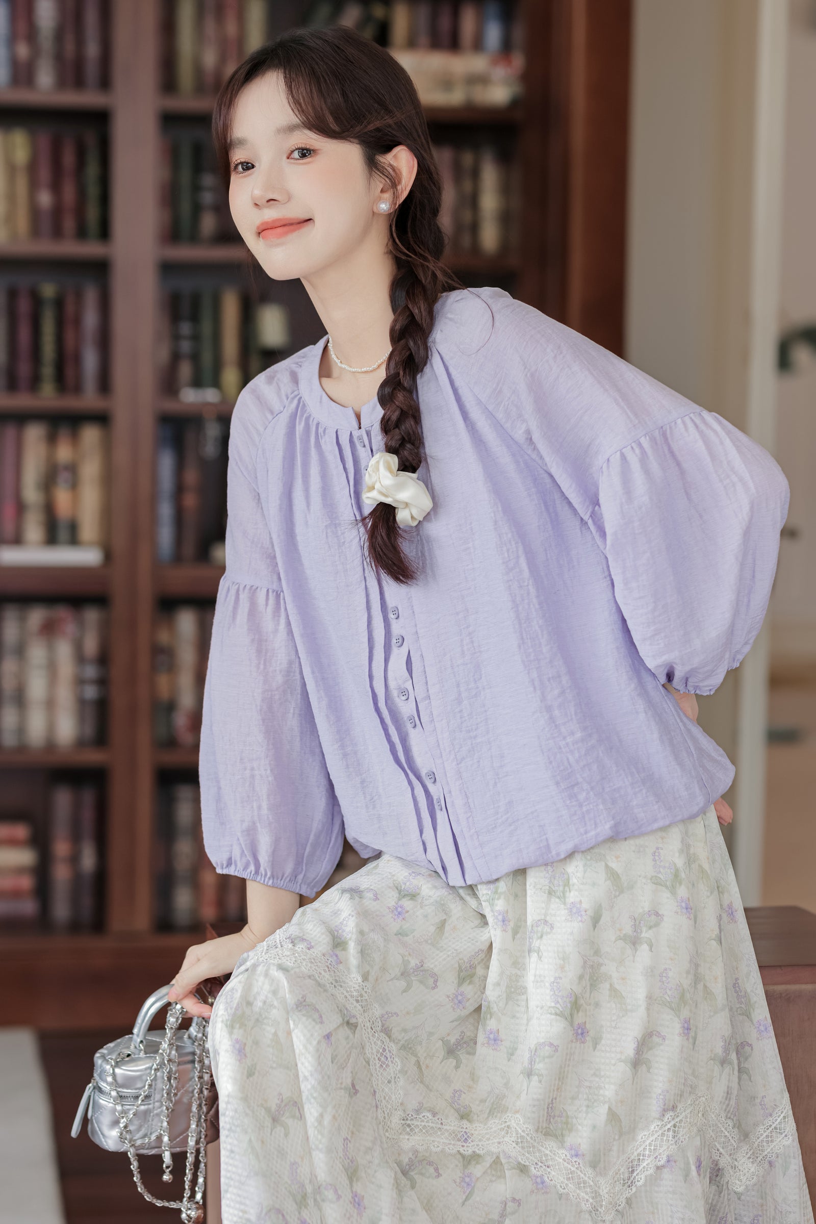 Lavender Dream Button-Down Puff Sleeve Blouse