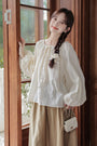 Jacquard Embroidered Drawstring Tie Pullover Blouse