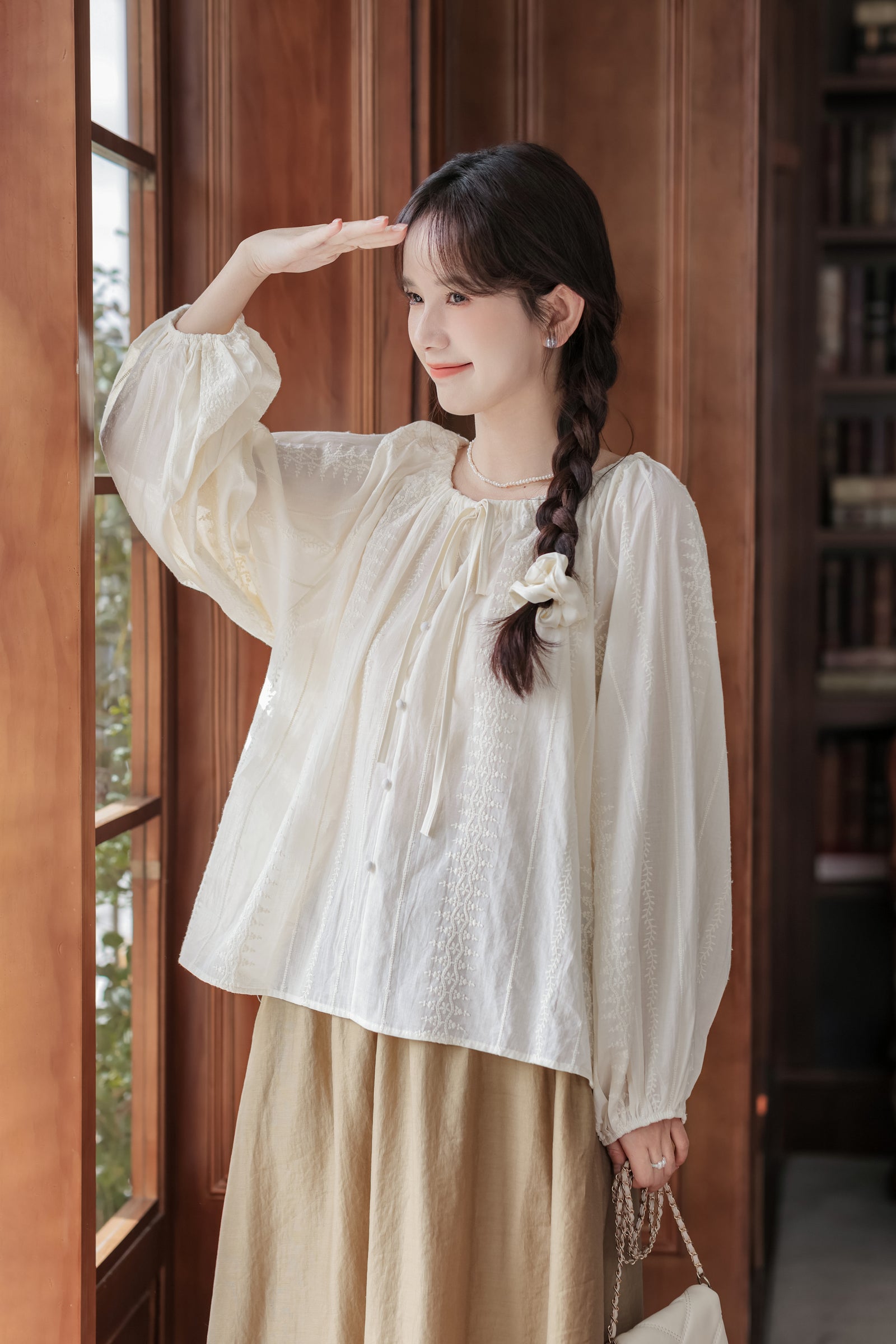 Jacquard Embroidered Drawstring Tie Pullover Blouse