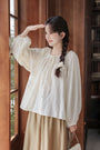 Jacquard Embroidered Drawstring Tie Pullover Blouse