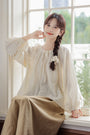 Jacquard Embroidered Drawstring Tie Pullover Blouse